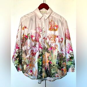 Anthropologie - Floral Scenic Long Sleeve Blouse Silk Feel Button Up - Size XSP